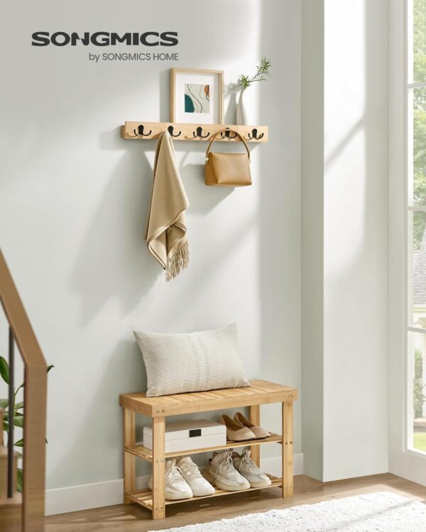 SONGMICS Set multifunctional pentru hol cu banca pentru pantofi si cuier, din bambus, 29x70x45 cm, maro natur - imagine 3