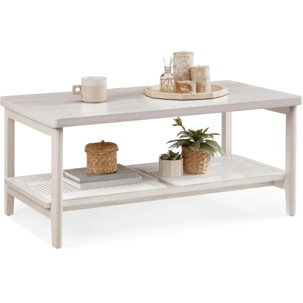 VASAGLE Masuta de cafea, din MDF, cu spatiu de depozitare pe 2 nivele, 55x100x45 cm, stil boho, bej - imagine 5