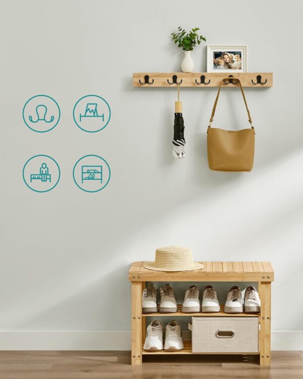 SONGMICS Set multifunctional pentru hol cu banca pentru pantofi si cuier, din bambus, 29x70x45 cm, maro natur - imagine 4