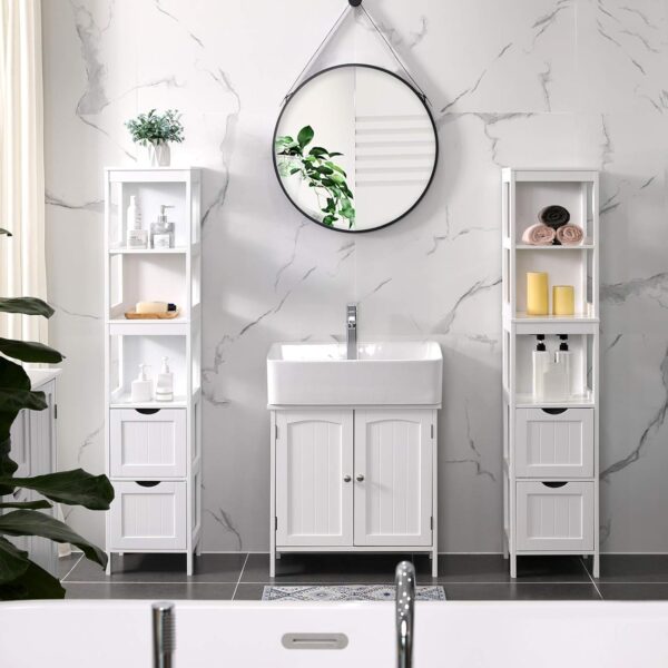 VASAGLE Dulap de baie tip coloana, din MDF, cu 2 sertare si 3 rafturi, 30x30x142 cm, alb - imagine 8
