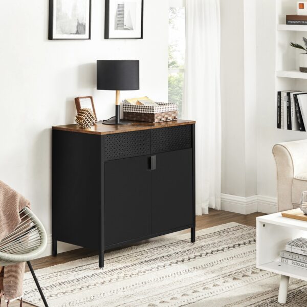 SONGMICS Dulap de depozitare 80x40x76 cm, negru si maro rustic, stil industrial, otel si PAL, cu 2 usi, 1 sertar si panou perforat - imagine 3