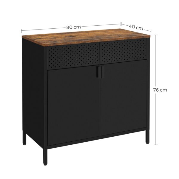 SONGMICS Dulap de depozitare 80x40x76 cm, negru si maro rustic, stil industrial, otel si PAL, cu 2 usi, 1 sertar si panou perforat - imagine 4