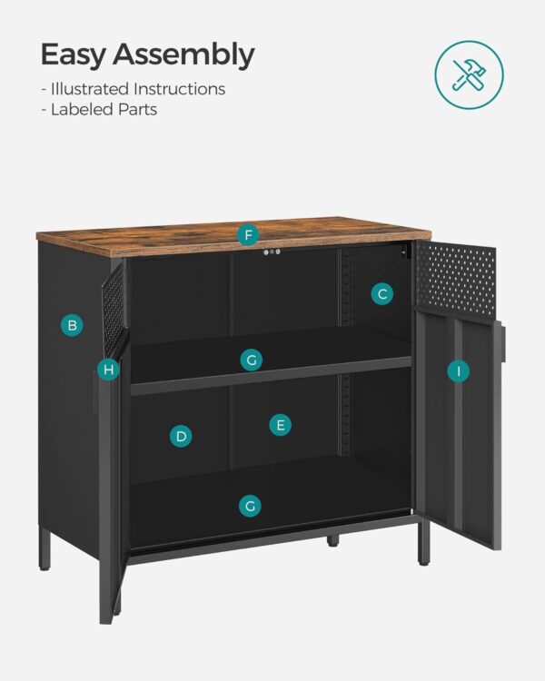 SONGMICS Dulap de depozitare 80x40x76 cm, negru si maro rustic, stil industrial, otel si PAL, cu 2 usi, 1 sertar si panou perforat - imagine 5