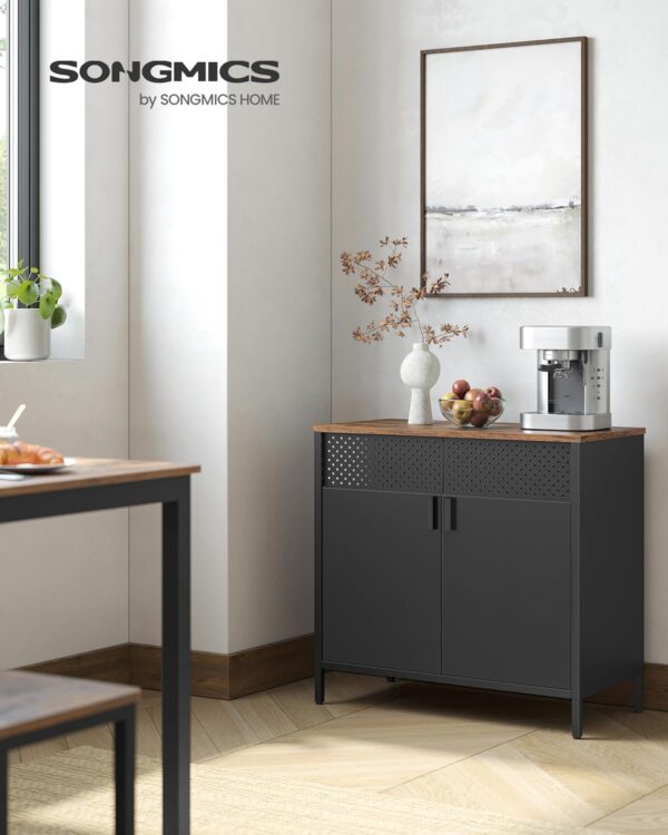 SONGMICS Dulap de depozitare 80x40x76 cm, negru si maro rustic, stil industrial, otel si PAL, cu 2 usi, 1 sertar si panou perforat - imagine 9
