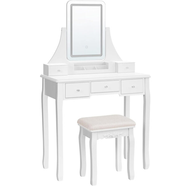 VASAGLE Masa de toaleta cu taburet, oglinda rotativa 360°, iluminare LED reglabila, 80x40x138 cm, alb - imagine 4