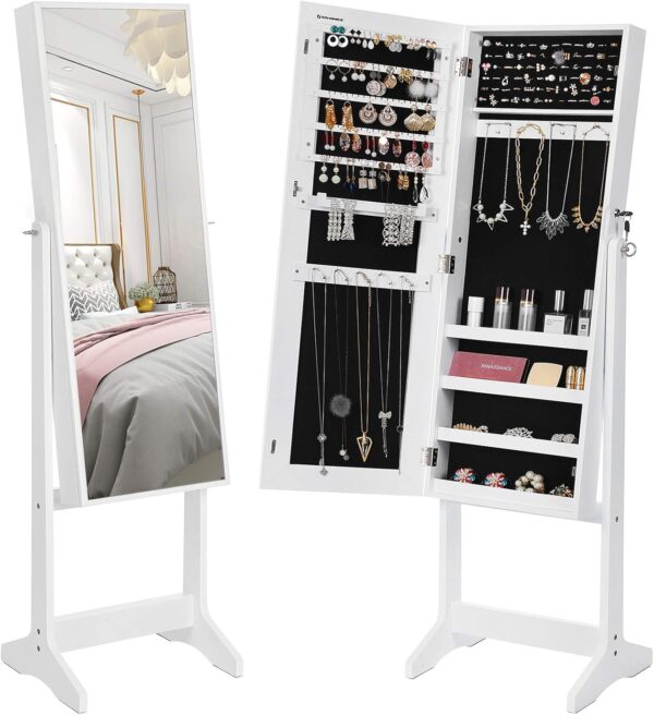 SONGMICS Oglinda de podea cu suport, din MDF, spatiu de depozitare, 41x37x152 cm, alb - imagine 9