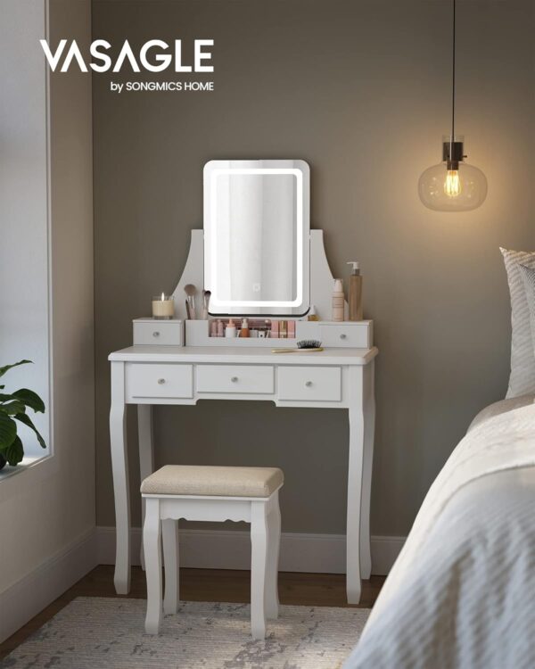 VASAGLE Masa de toaleta cu taburet, oglinda rotativa 360°, iluminare LED reglabila, 80x40x138 cm, alb - imagine 3