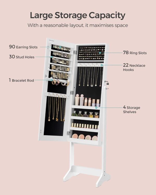 SONGMICS Oglinda de podea cu suport, din MDF, spatiu de depozitare, 41x37x152 cm, alb - imagine 3