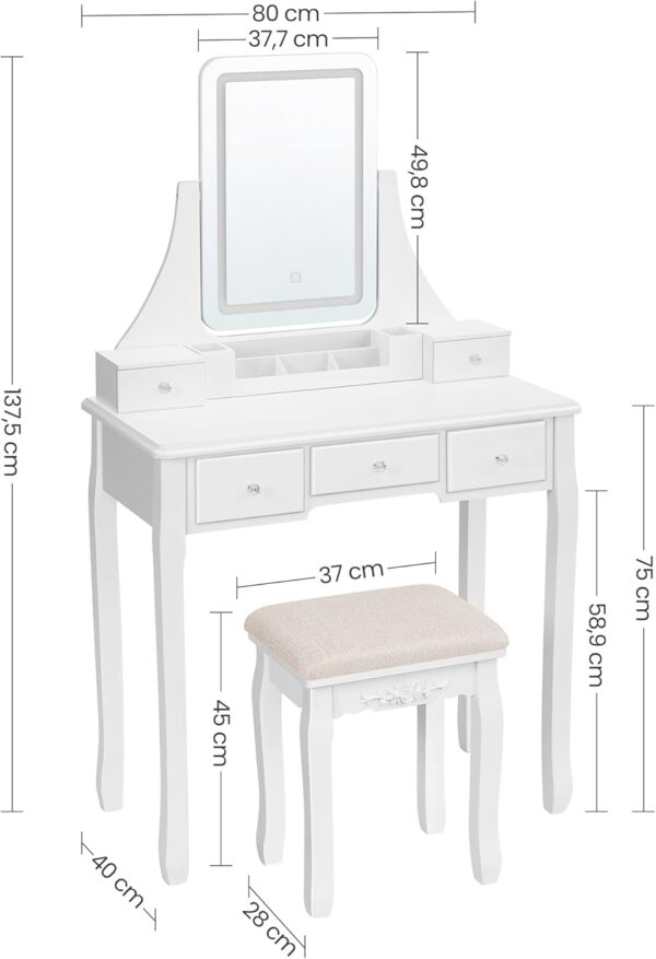 VASAGLE Masa de toaleta cu taburet, oglinda rotativa 360°, iluminare LED reglabila, 80x40x138 cm, alb - imagine 6