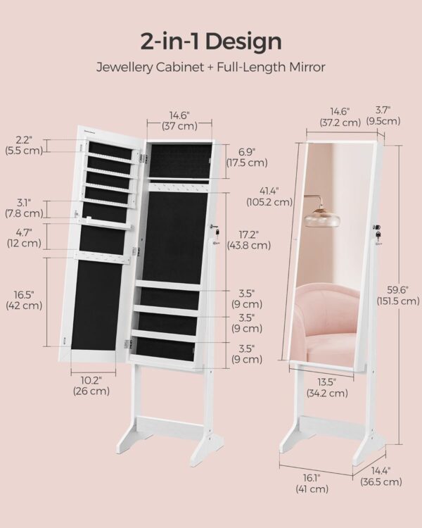 SONGMICS Oglinda de podea cu suport, din MDF, spatiu de depozitare, 41x37x152 cm, alb - imagine 5