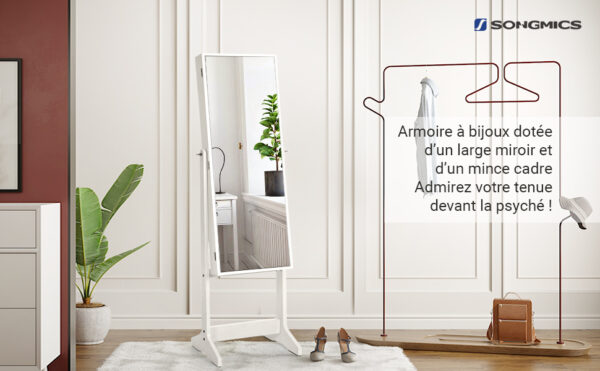 SONGMICS Oglinda de podea cu suport, din MDF, spatiu de depozitare, 41x37x152 cm, alb - imagine 8