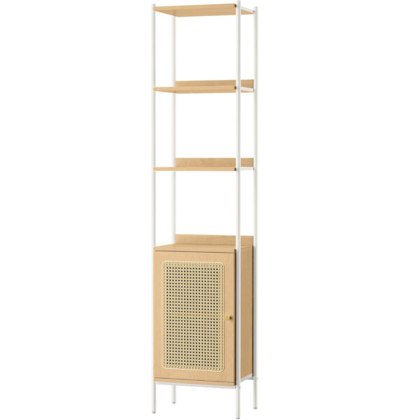 VASAGLE Biblioteca cu 6 etaje, cadru metalic, usa cu efect ratan Boho, 30x40x175 cm, alb si bej