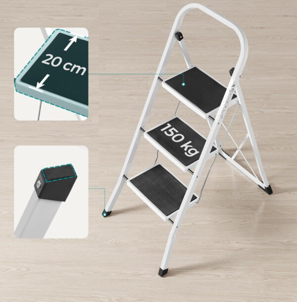 SONGMICS Scara pliabila cu 3 trepte, sarcina 150 kg, otel, 47x75x105 cm, alb si negru - imagine 10