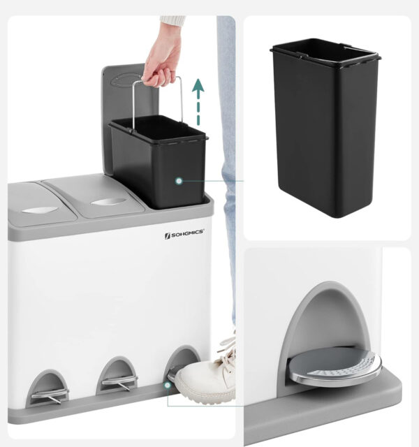 SONGMICS Cos de gunoi din otel cu 3 compartimente colectare selectiva, cu galeti interioare, 3x8litri, alb si gri - imagine 12