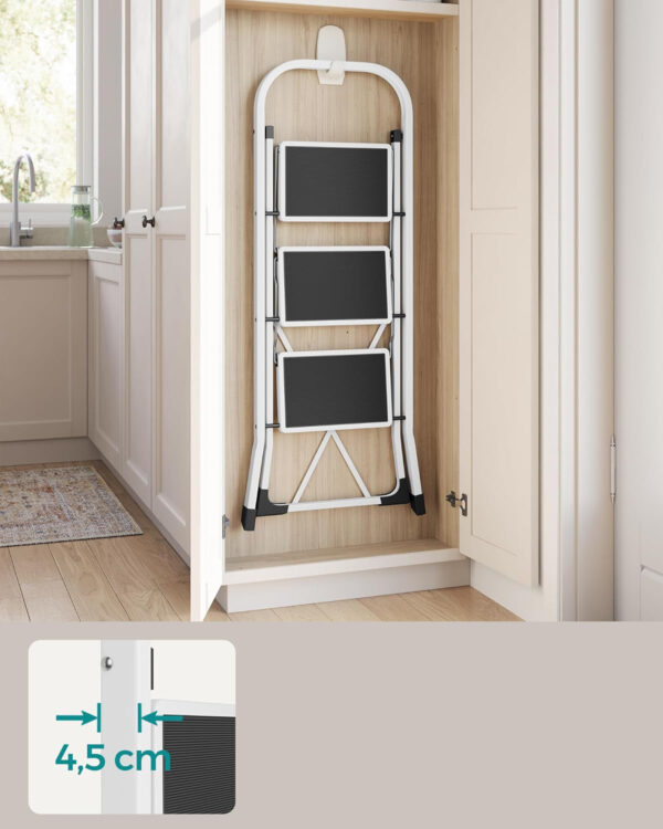 SONGMICS Scara pliabila cu 3 trepte, sarcina 150 kg, otel, 47x75x105 cm, alb si negru - imagine 11