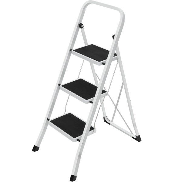 SONGMICS Scara pliabila cu 3 trepte, sarcina 150 kg, otel, 47x75x105 cm, alb si negru