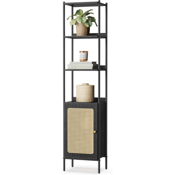 VASAGLE Biblioteca cu 6 etaje, cadru metalic, usa cu efect ratan Boho, 30x40x175 cm, negru - imagine 2