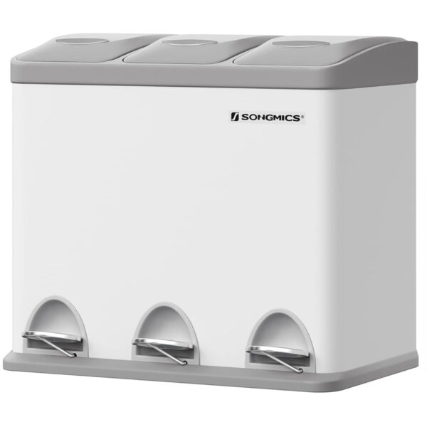 SONGMICS Cos de gunoi din otel cu 3 compartimente colectare selectiva, cu galeti interioare, 3x8litri, alb si gri