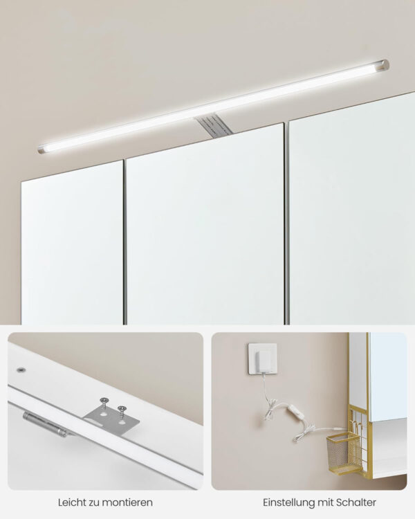VASAGLE Dulap de baie de perete, 3 usi cu oglinda, compartiment deschis, 15x70x70 cm, alb auriu - imagine 5