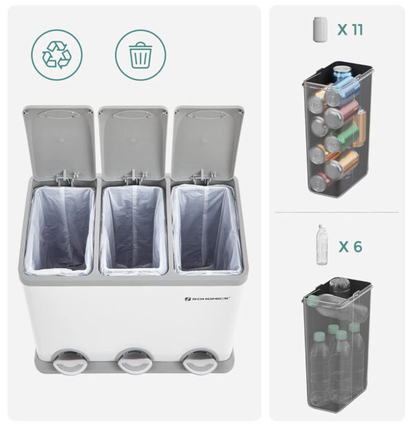 SONGMICS Cos de gunoi din otel cu 3 compartimente colectare selectiva, cu galeti interioare, 3x8litri, alb si gri - imagine 5