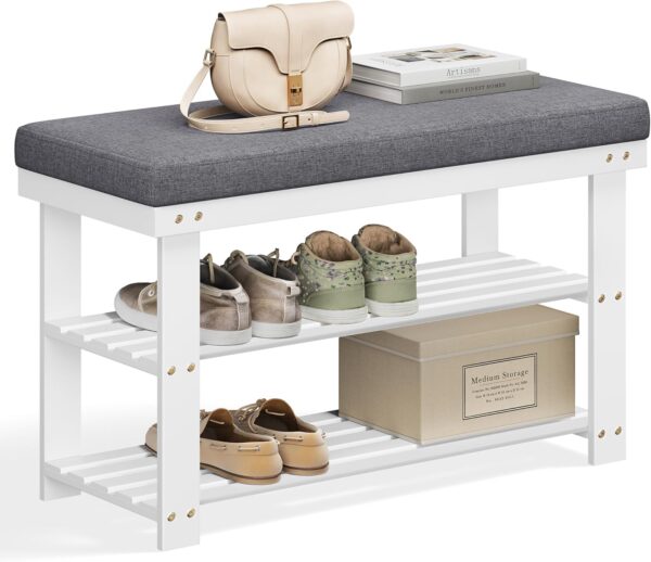 SONGMICS Banca pentru pantofi din bambus, 2 niveluri, cu perna, sarcina 150 kg, 71x29x49 cm, alb si gri - imagine 2