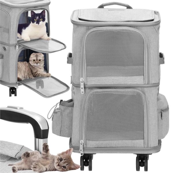 Carucior tip troller pentru transport animale, dublu cu 2 compartimente separate, maxim 22 kg, 55x34x26 cm, gri - imagine 2