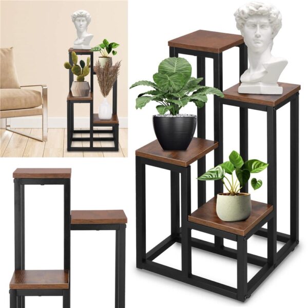 Stand pentru flori, cadru metalic, 4 etajere, 34x34x68 cm, maro inchis - imagine 2