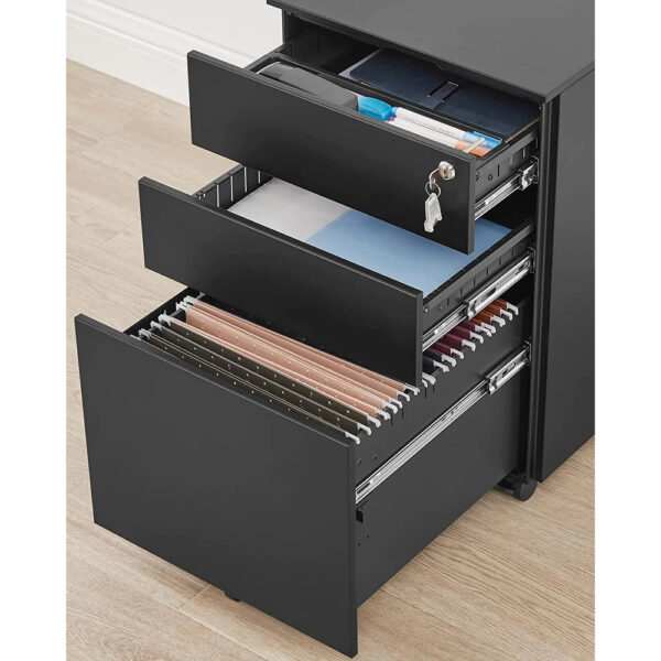 SONGMICS Dulap mobil tip rollbox pentru birouri, din otel, sertar cu sina dosare A4, 39x52x60 cm, negru - imagine 9