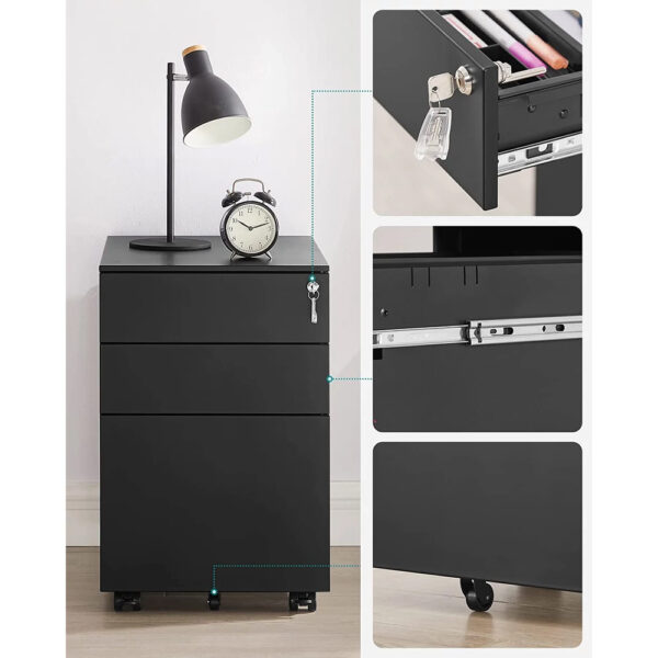 SONGMICS Dulap mobil tip rollbox pentru birouri, din otel, sertar cu sina dosare A4, 39x52x60 cm, negru - imagine 10