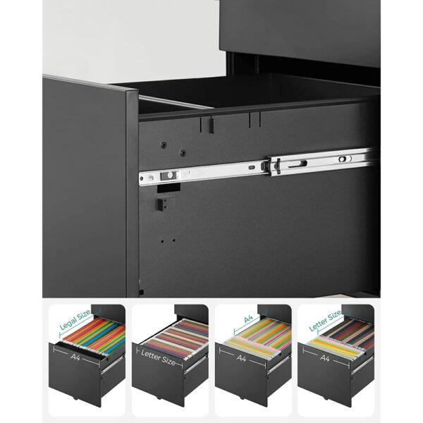 SONGMICS Dulap mobil tip rollbox pentru birouri, din otel, sertar cu sina dosare A4, 39x52x60 cm, negru - imagine 12
