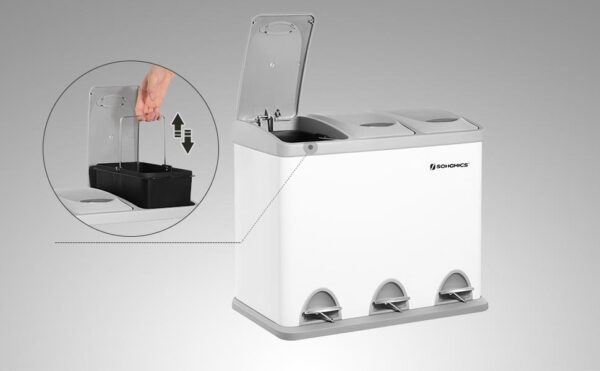 SONGMICS Cos de gunoi din otel cu 3 compartimente colectare selectiva, cu galeti interioare, 3x8litri, alb si gri - imagine 2