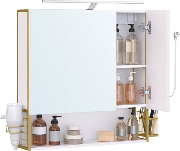 VASAGLE Dulap de baie de perete, 3 usi cu oglinda, compartiment deschis, 15x70x70 cm, alb auriu - imagine 2