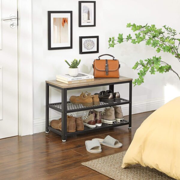 VASAGLE Raft pentru pantofi cu 2 polite, 73x30x45cm, otel, stil industrial, gri stejar si negru - imagine 2