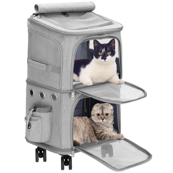 Carucior tip troller pentru transport animale, dublu cu 2 compartimente separate, maxim 22 kg, 55x34x26 cm, gri - imagine 3