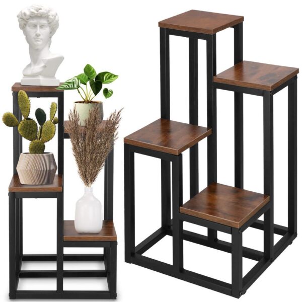 Stand pentru flori, cadru metalic, 4 etajere, 34x34x68 cm, maro inchis - imagine 3