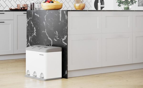 SONGMICS Cos de gunoi din otel cu 3 compartimente colectare selectiva, cu galeti interioare, 3x8litri, alb si gri - imagine 3