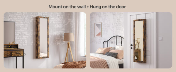 SONGMICS Dulap de bijuterii cu oglinda, din MDF, montare pe perete, 37x10x120 cm, maro rustic - imagine 2