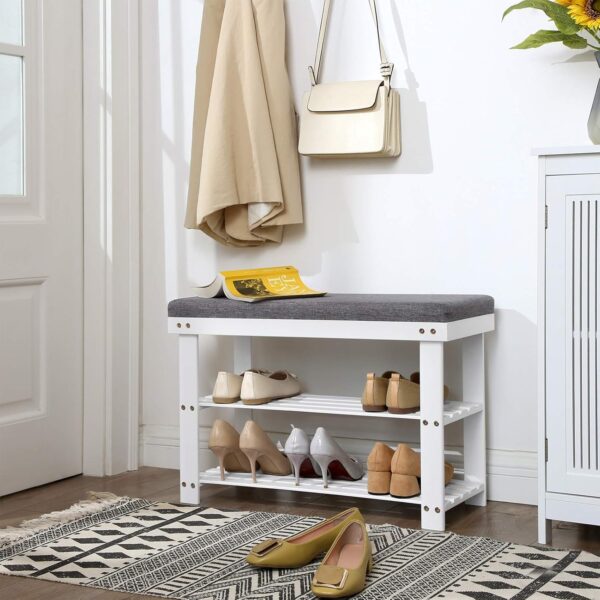 SONGMICS Banca pentru pantofi din bambus, 2 niveluri, cu perna, sarcina 150 kg, 71x29x49 cm, alb si gri - imagine 3