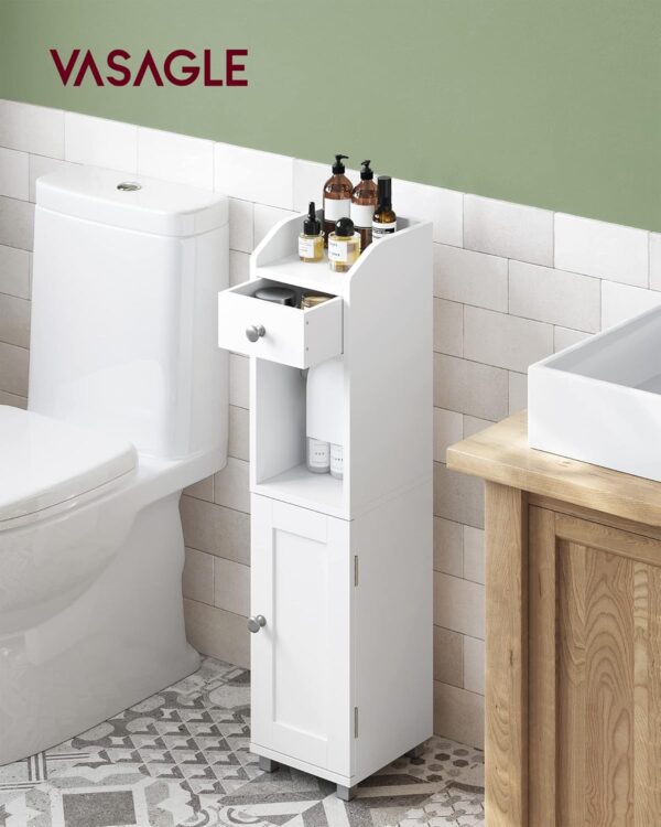 VASAGLE Dulap mic de depozitare pentru baie, din MDF, cu suport pentru hartie igienica, 20x18x77 cm, alb - imagine 3