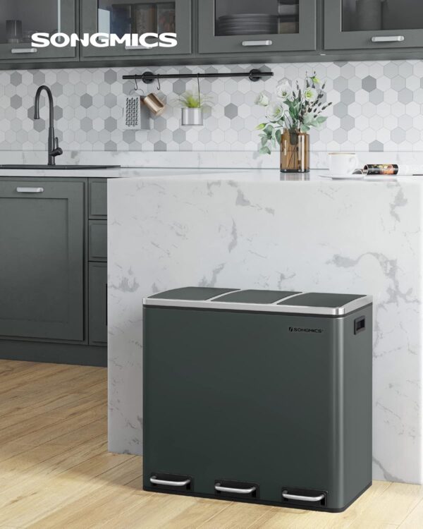 SONGMICS Cos de gunoi din inox cu 3 compartimente colectare selectiva, cu galeti interioare, 3x18litri, gri inchis - imagine 2