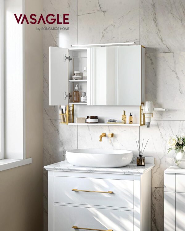 VASAGLE Dulap de baie de perete, 3 usi cu oglinda, compartiment deschis, 15x70x70 cm, alb auriu - imagine 3