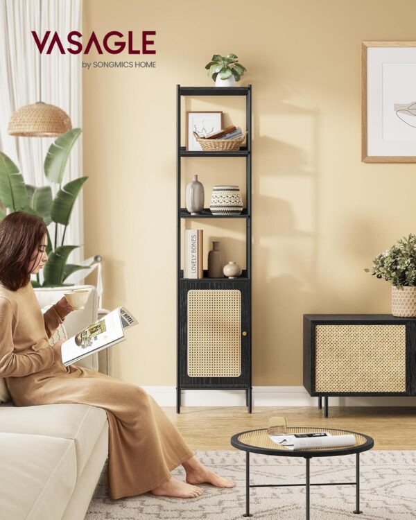 VASAGLE Biblioteca cu 6 etaje, cadru metalic, usa cu efect ratan Boho, 30x40x175 cm, negru - imagine 3