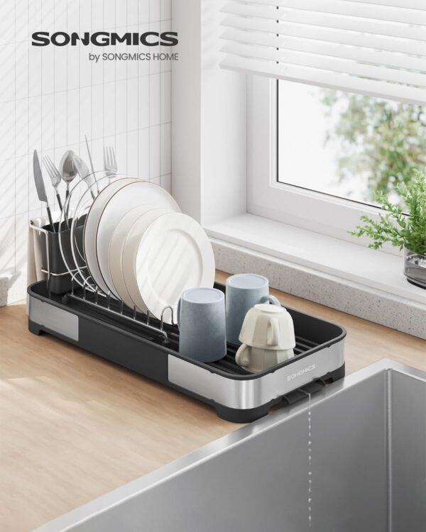 SONGMICS Uscator de vase si tacamuri, din inox, suport pentru tacamuri si sistem de scurgere, 21x45x13 cm - imagine 2