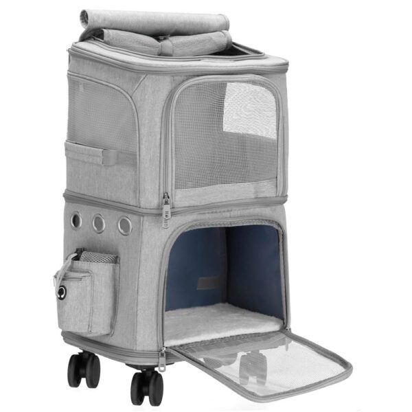 Carucior tip troller pentru transport animale, dublu cu 2 compartimente separate, maxim 22 kg, 55x34x26 cm, gri - imagine 4
