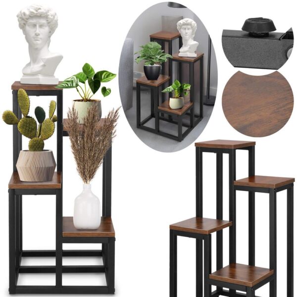 Stand pentru flori, cadru metalic, 4 etajere, 34x34x68 cm, maro inchis - imagine 4
