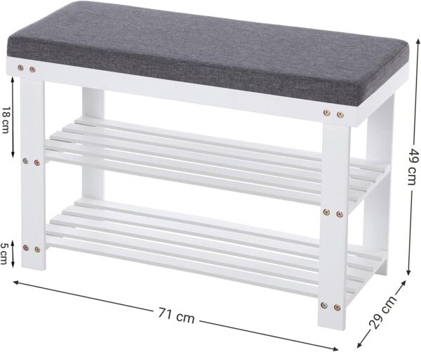 SONGMICS Banca pentru pantofi din bambus, 2 niveluri, cu perna, sarcina 150 kg, 71x29x49 cm, alb si gri - imagine 4