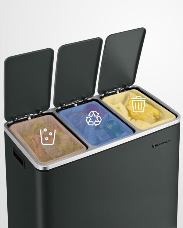 SONGMICS Cos de gunoi din inox cu 3 compartimente colectare selectiva, cu galeti interioare, 3x18litri, gri inchis - imagine 3