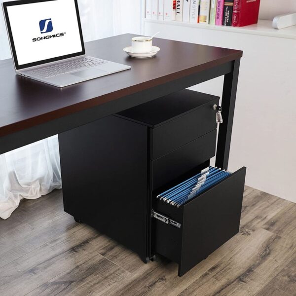 SONGMICS Dulap mobil tip rollbox pentru birouri, din otel, sertar cu sina dosare A4, 39x52x60 cm, negru - imagine 3