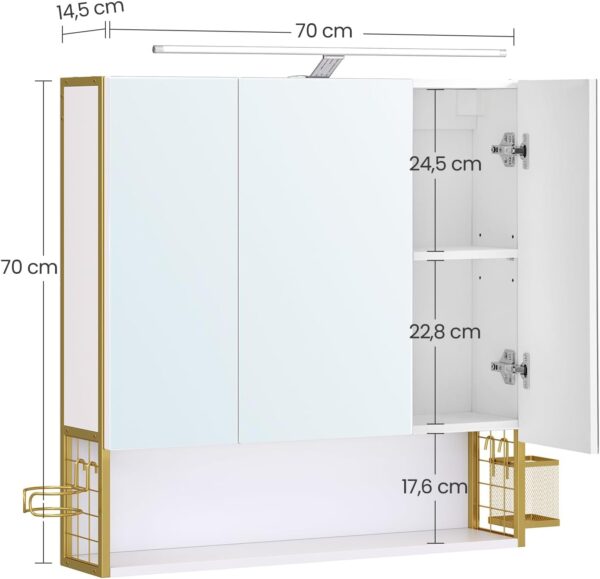 VASAGLE Dulap de baie de perete, 3 usi cu oglinda, compartiment deschis, 15x70x70 cm, alb auriu - imagine 4