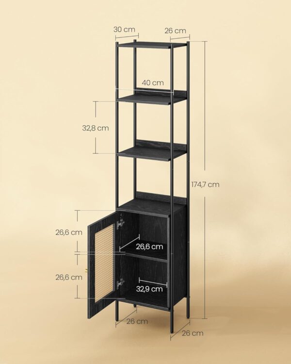 VASAGLE Biblioteca cu 6 etaje, cadru metalic, usa cu efect ratan Boho, 30x40x175 cm, negru - imagine 4